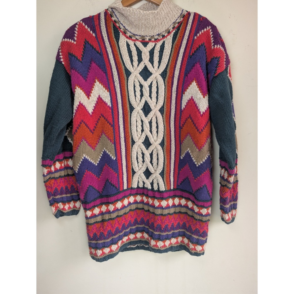 EGRETS SUN PRINTS Vintage Hand Knit Sweater Womens L Maximalist Chunky Chevron